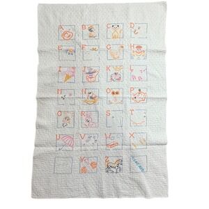 Vintage Kincaid Alphabet Baby Quilt Hand Embroidered Nursery Blanket White 32x48